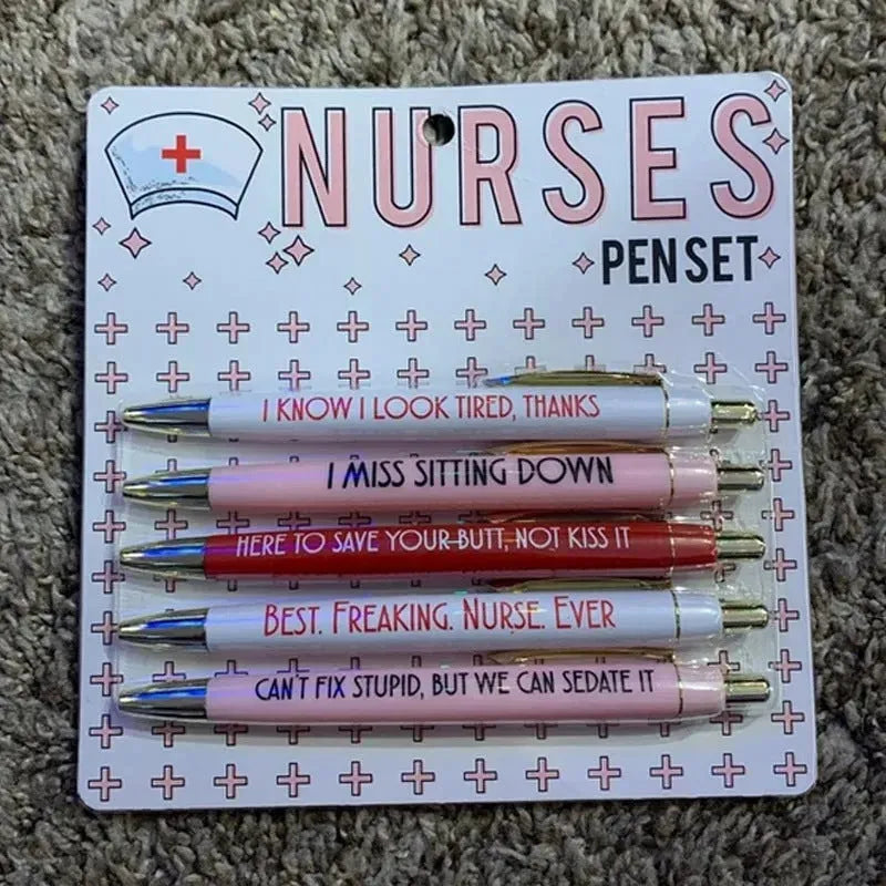 Set of five nurse-themed retractable ballpoint pens with medical text printed on plastic barrels