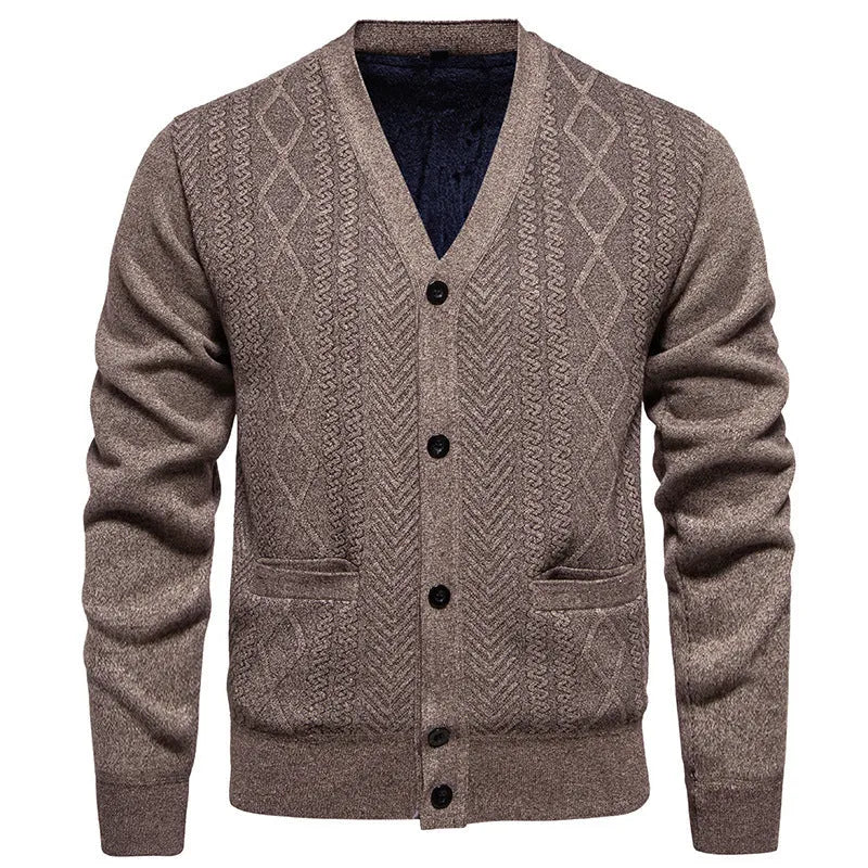 Men's brown striped cardigan sweater with long sleeves and a wool lining.