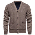 Men's brown striped cardigan sweater with long sleeves and a wool lining.