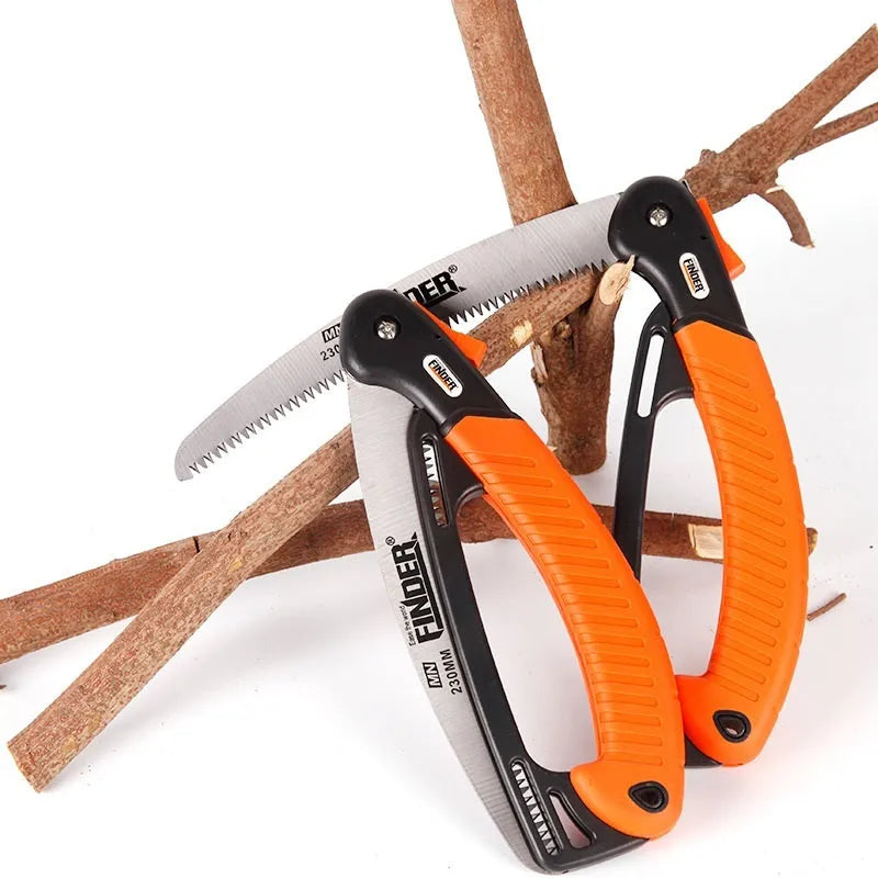 230mm folding hand saw with TPR grip extended for cutting with measurements showing