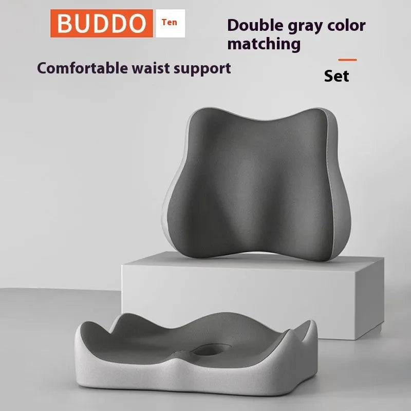 Memory foam seat cushion with waist rest support in blue and grey colour combination