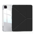 Transparent acrylic iPad protective cover showing integrated bracket and magnetic closure for multiple tablet models