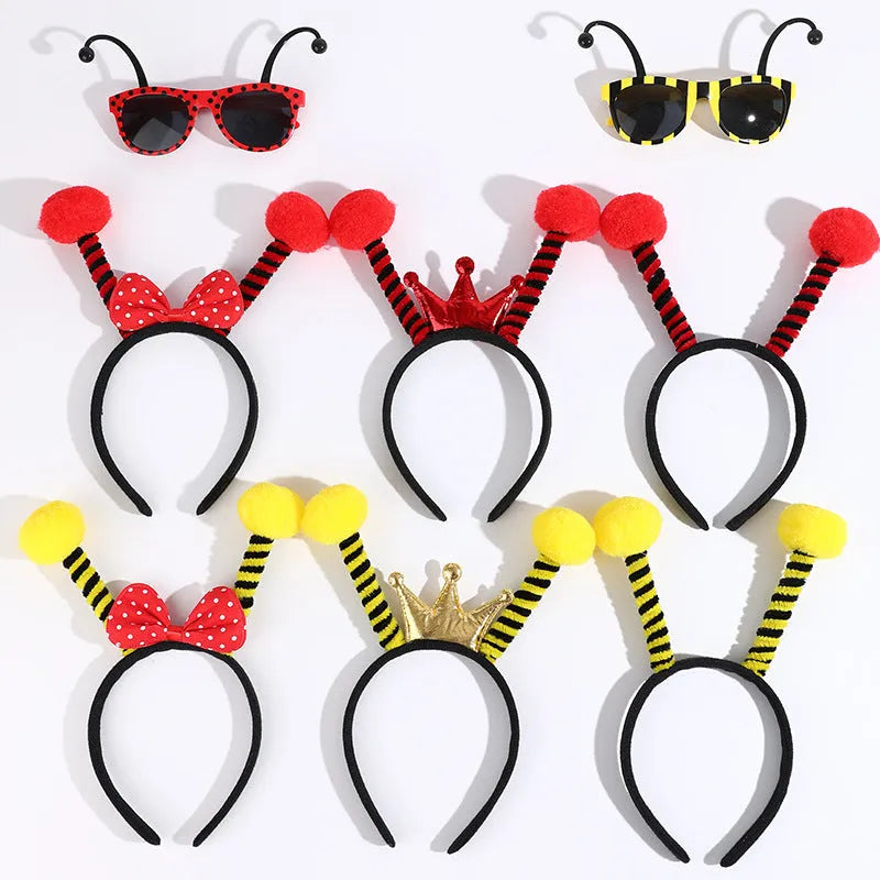 Yellow bees party costume headband and glasses set with cloth bee and ladybug appliqués.