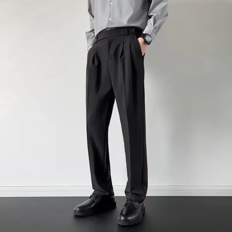 Men's straight loose fit trousers in apricot or black colour with polyester fabric