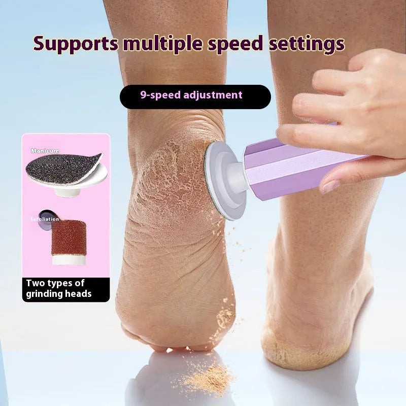USB-powered electric callus remover foot file with sanding discs in pink, black, or purple.