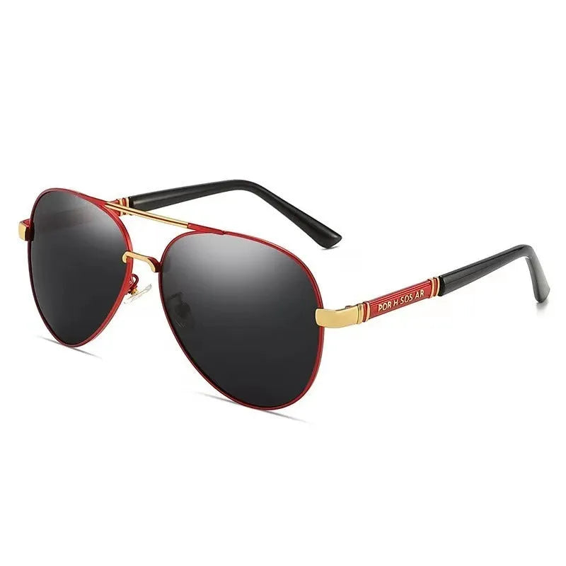 Men's metal frame polarised sunglasses in gold, black, or silver with grey or colour-changing lenses.
