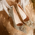 Champagne coloured wedding shoes with crystal flower pattern and pointed toe