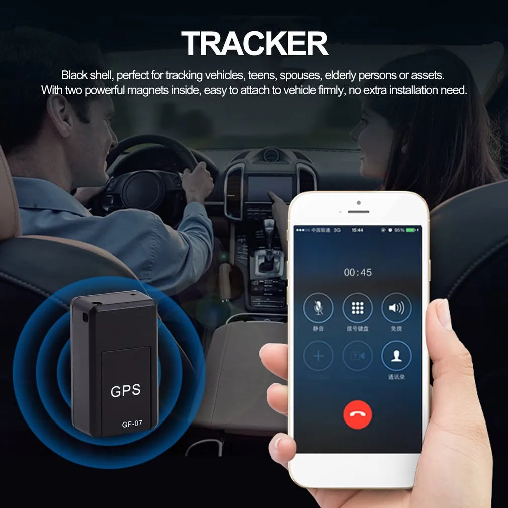 Black magnetic GPS tracker device measuring 35x20x14mm with USB charging cable for vehicle and personal tracking