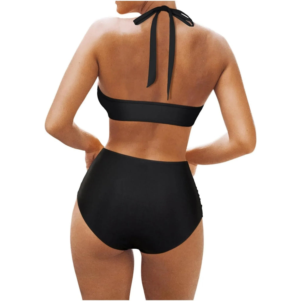 Women's black split bikini swimsuit set showing top and briefs style underwear