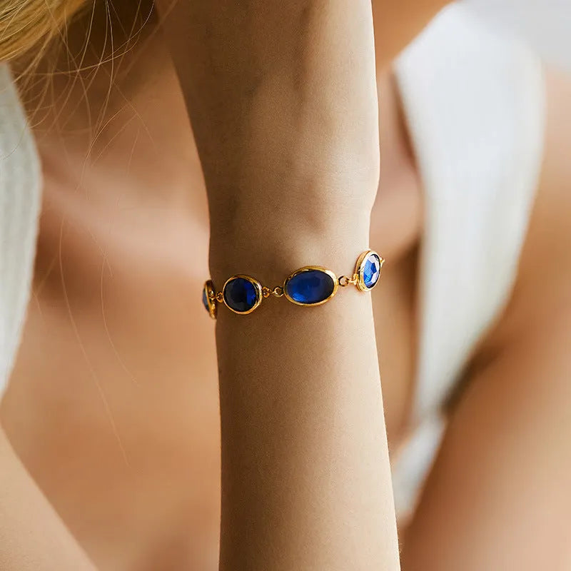 Geometric women's bracelet with glass inlay on 18K copper base in blue colour option