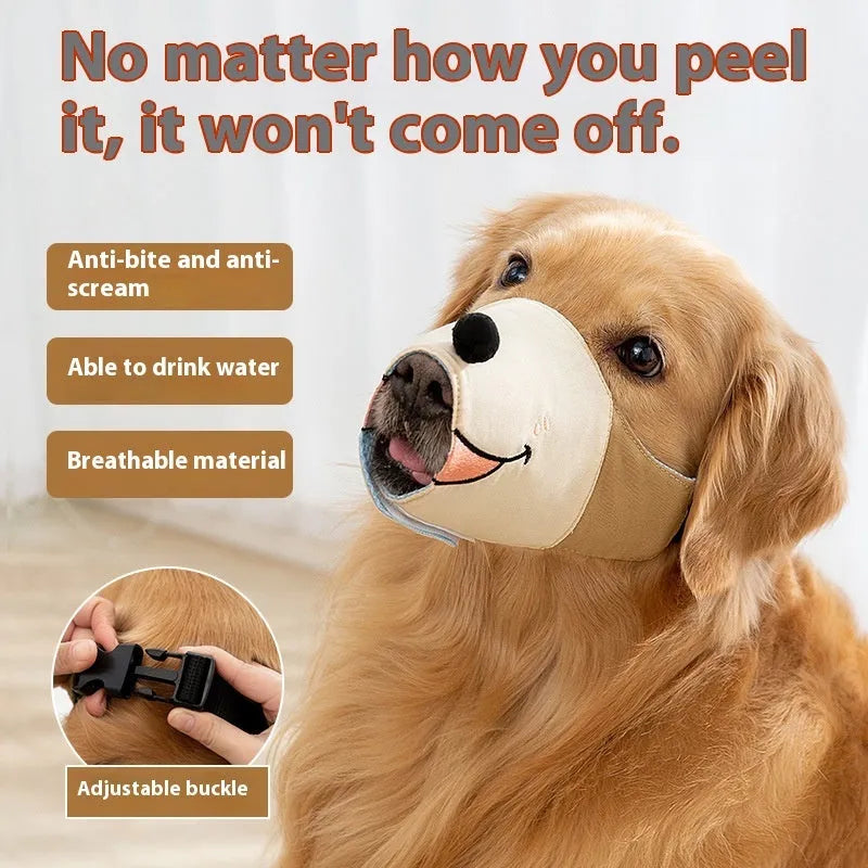 Canvas dog muzzle anti-bite mouth cover in Ollie Brown Bear colour with size chart showing weight recommendations