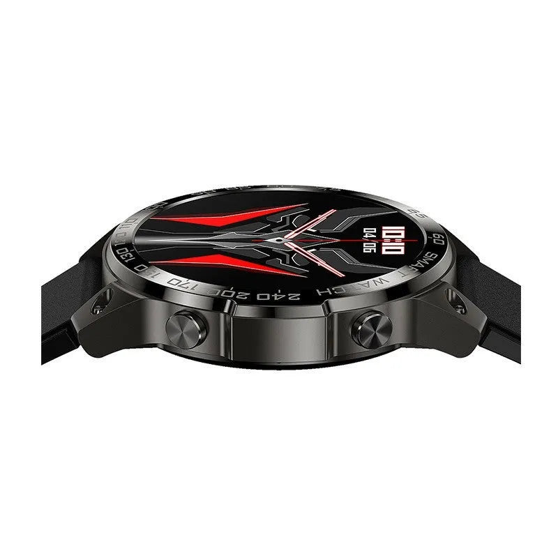 Round Bluetooth sports watch with AMOLED screen and silicone strap in black, shown displaying fitness metrics.