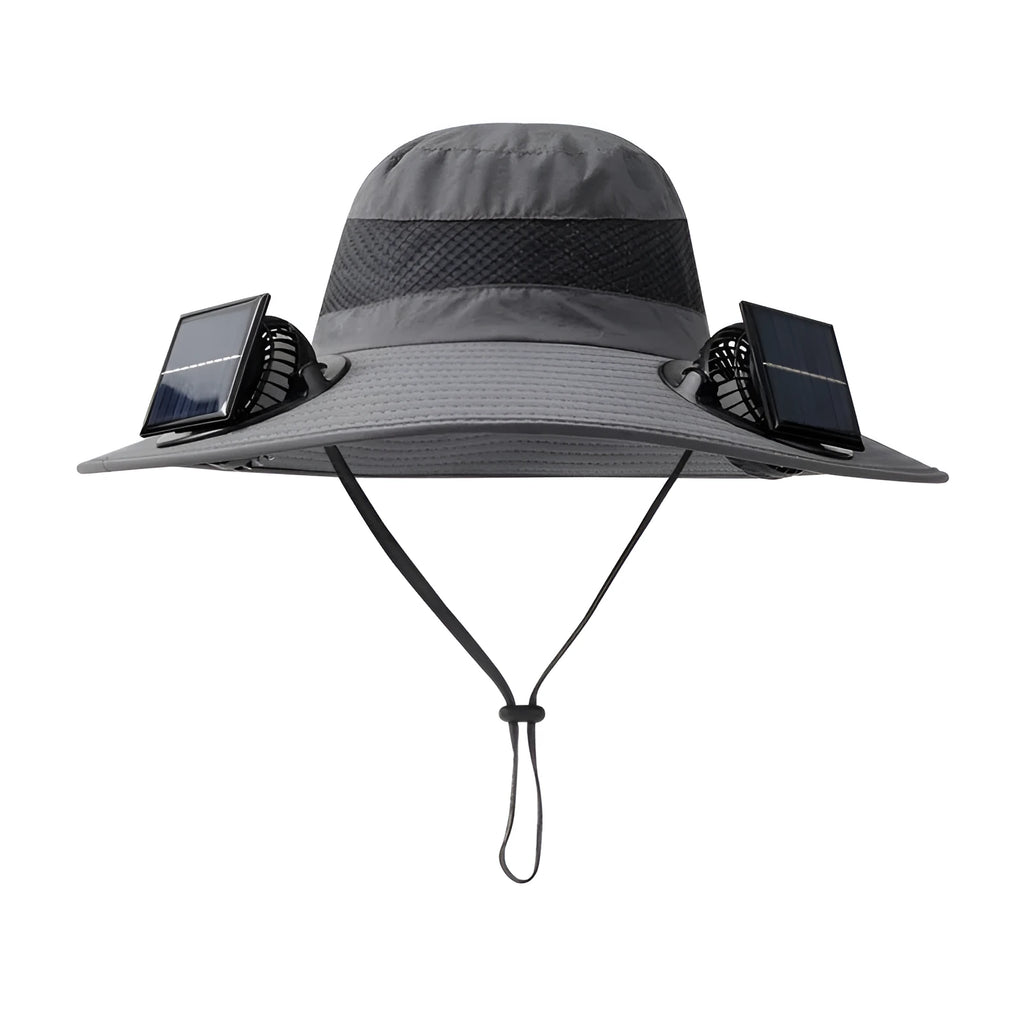 A man wearing a customisable solar-powered fan hat with a cooling fan visible on the brim, shown in a khaki colour.