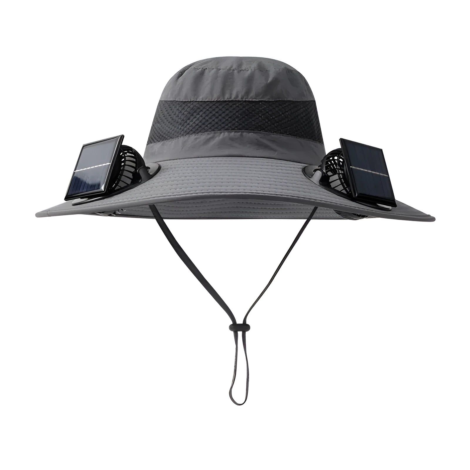 A man wearing a customisable solar-powered fan hat with a cooling fan visible on the brim, shown in a khaki colour.
