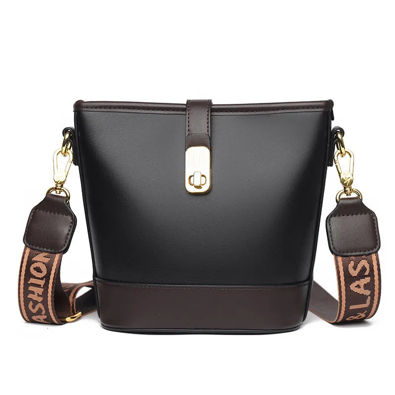 Black Korean style soft PU bucket messenger bag with double straps and external pocket