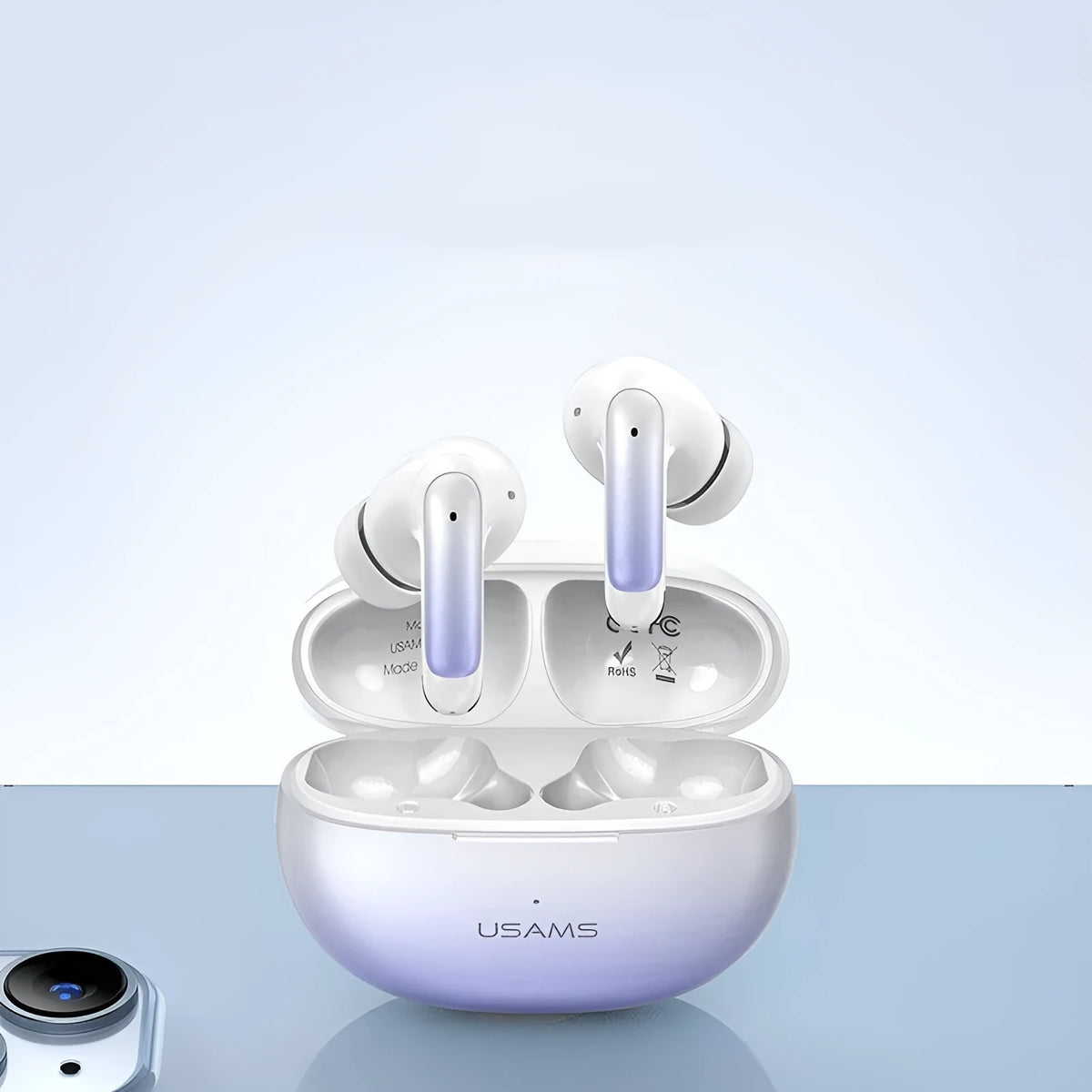 Wireless in-ear sports gaming headset in gradient blue colour with creative design.