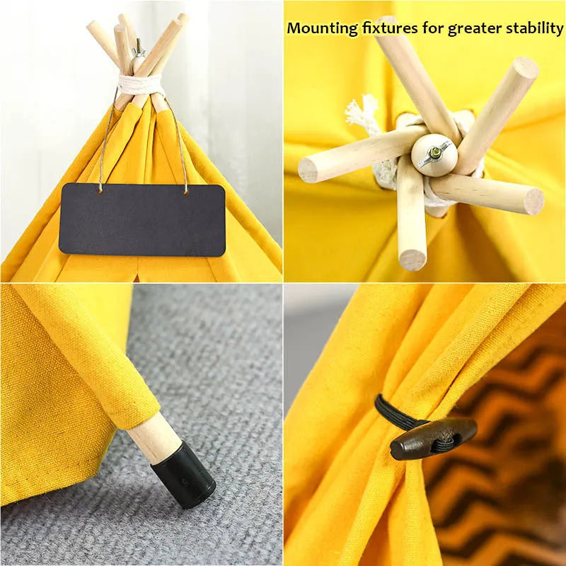 Striped linen pet teepee tent bed for small dogs and cats with cushion inside