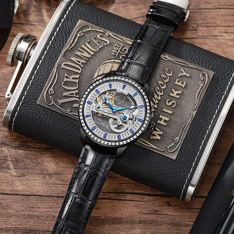 Men's waterproof mechanical business watch with transparent case back and choice of straps