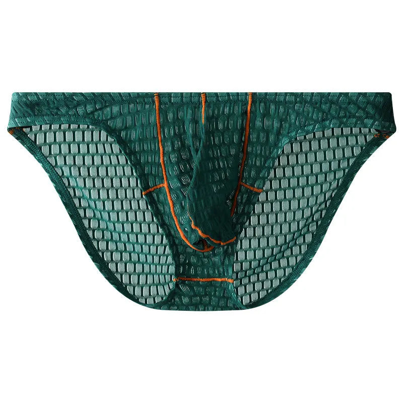 Men's ice silk lace low waist briefs on a white background, shown in multiple colour options.