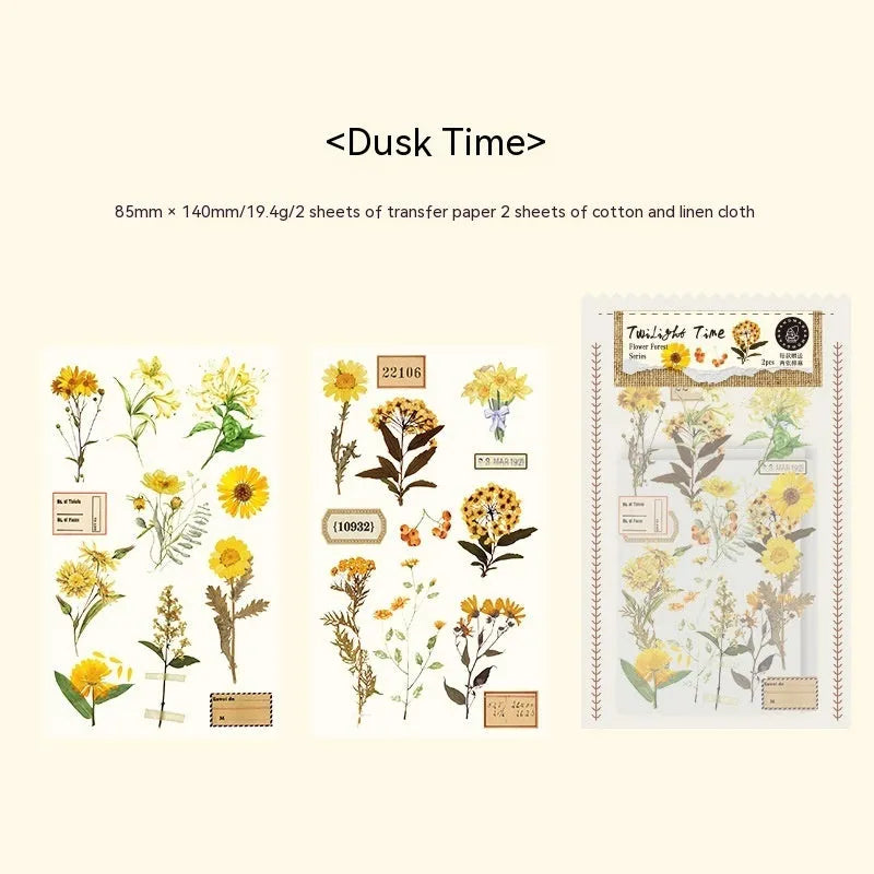 Huazhisen art sticker material pack showing printed transfer paper and cotton linen sheets in forest and romantic designs.