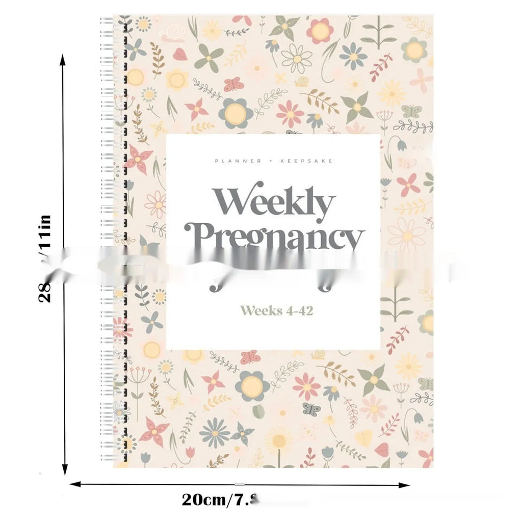 A5 weekly pregnancy diary notebook open to weekly tracking pages