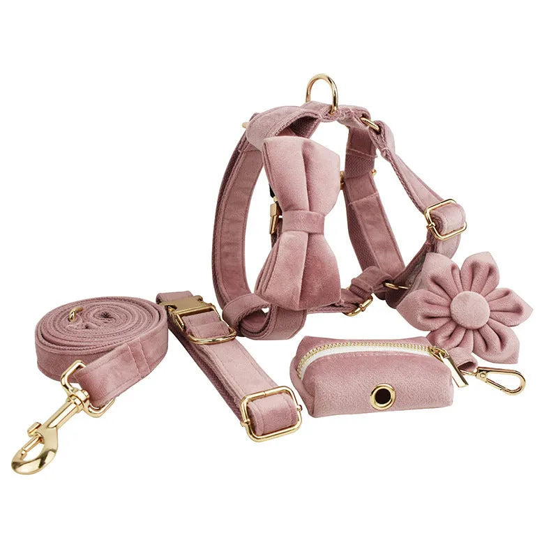 Light purple pink velvet dog collar set with leash, bowknot, and vest for small to medium dogs