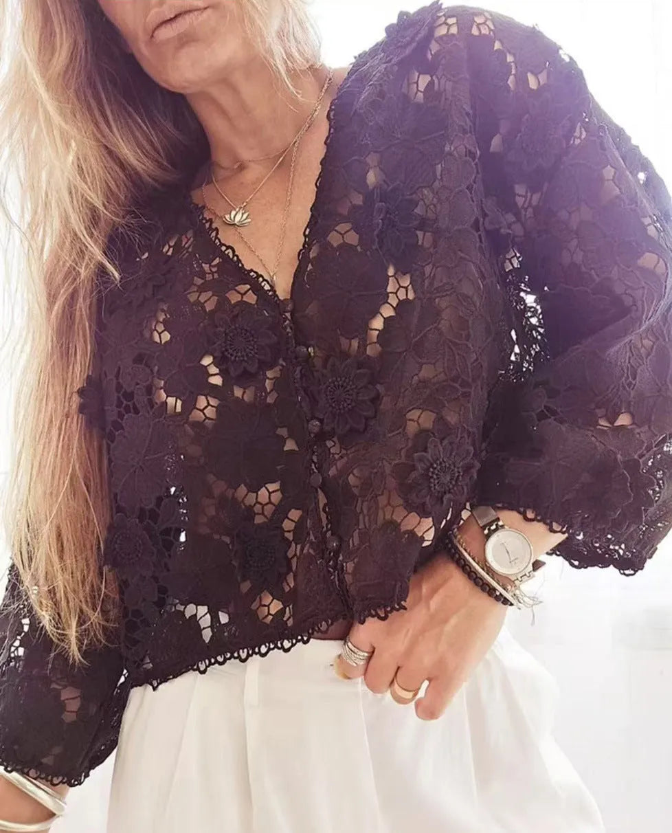 Lace cardigan with three-dimensional floral decoration and V-neck design