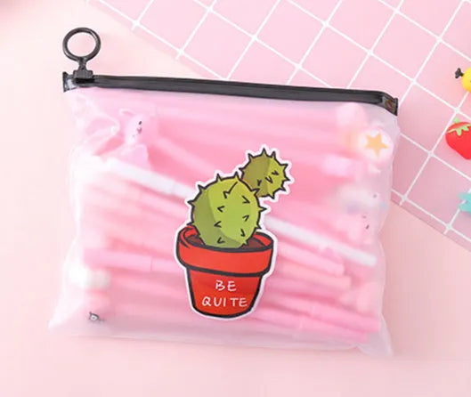 20 cartoon cactus design black gel pens inside a white plastic storage case.