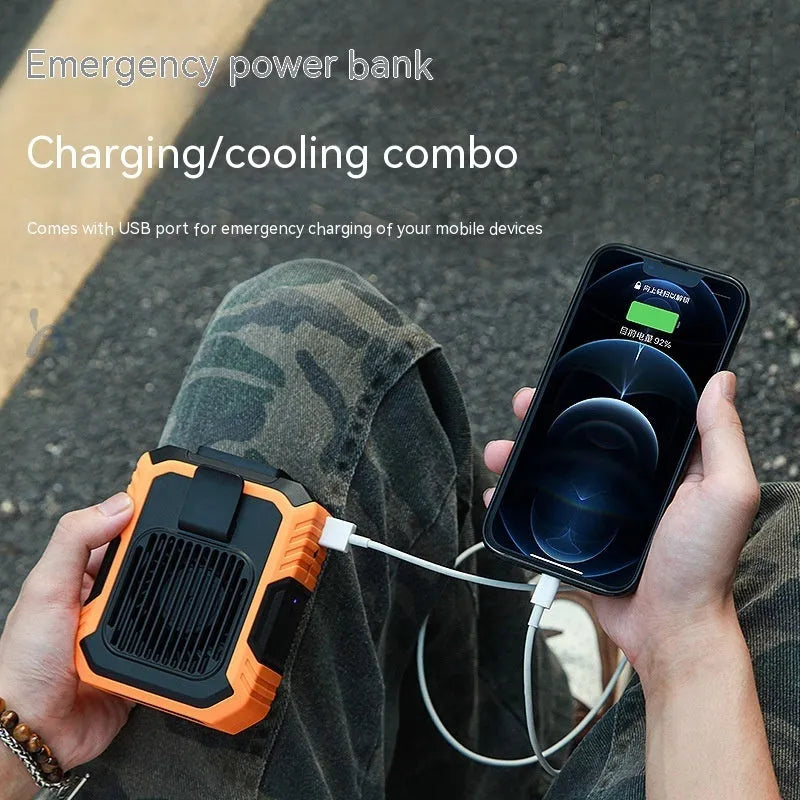 Green wrist hanging fan with USB power bank and light, showing three speed settings and compact design.
