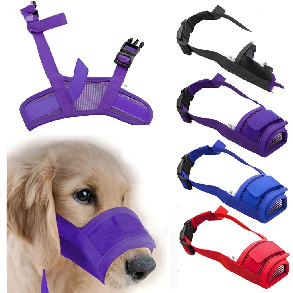 Adjustable plastic dog muzzle in black, shown on a size chart with measurements.