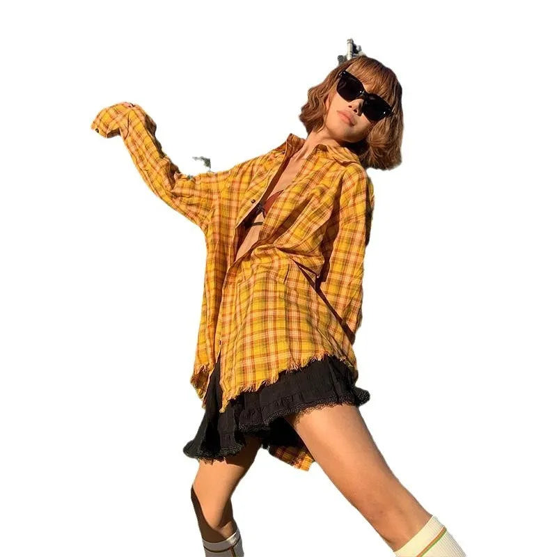 Loose-fitting dopamine yellow plaid cardigan-style shirt on a hanger