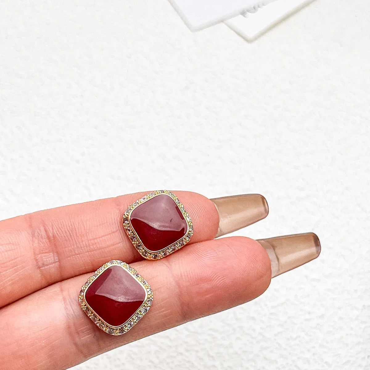 Red alloy geometric square earrings with a retro inlaid design for women