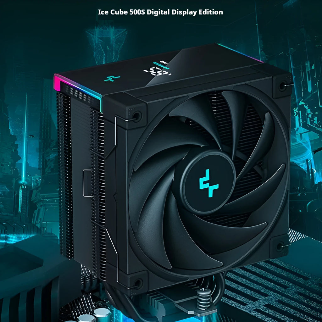 Black and white twin tower CPU air cooler with digital display, showing copper base and aluminium fins.