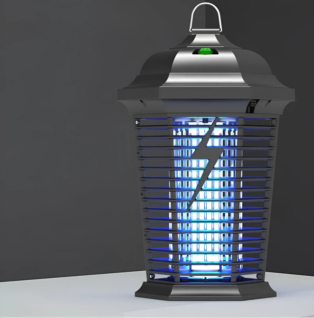 Black outdoor mosquito killer lamp with UV light and electric grid for garden insect control.