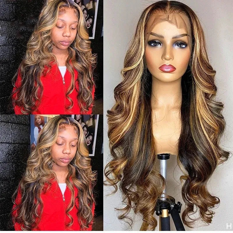 Front lace wig with gradient colour effect showing long curly synthetic hair in black and piano tones