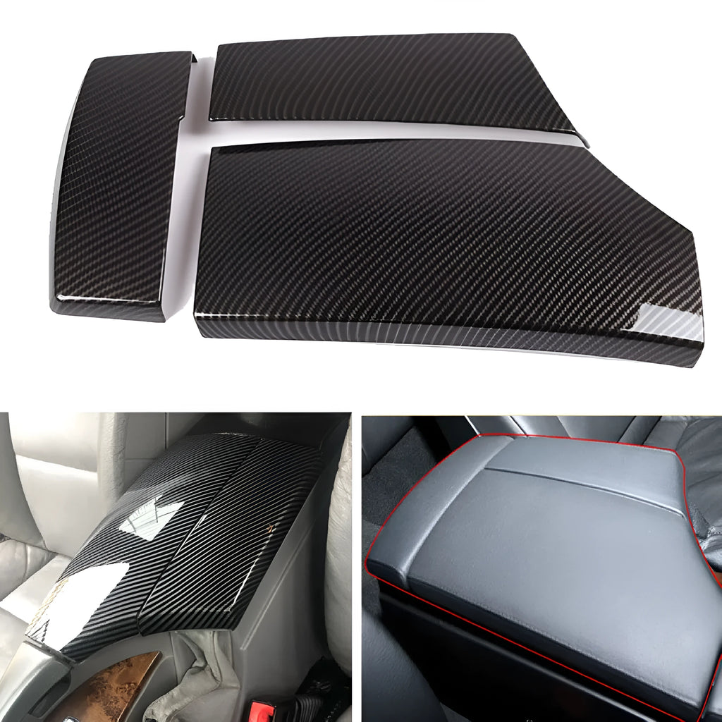 Set of three black ABS plastic armrest box covers with a shiny carbon fibre pattern.