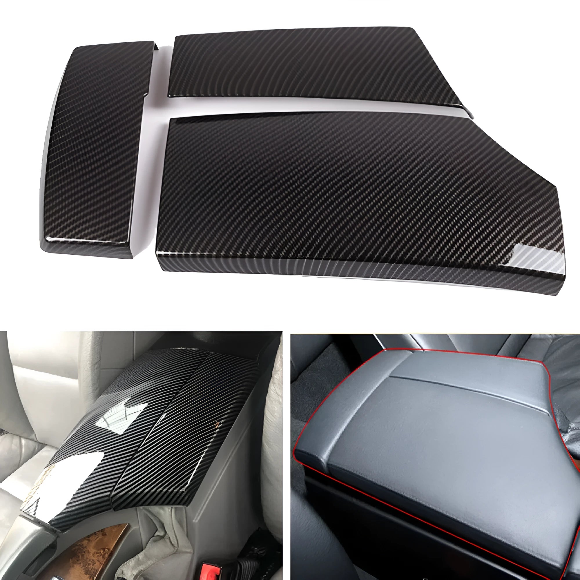 Set of three black ABS plastic armrest box covers with a shiny carbon fibre pattern.
