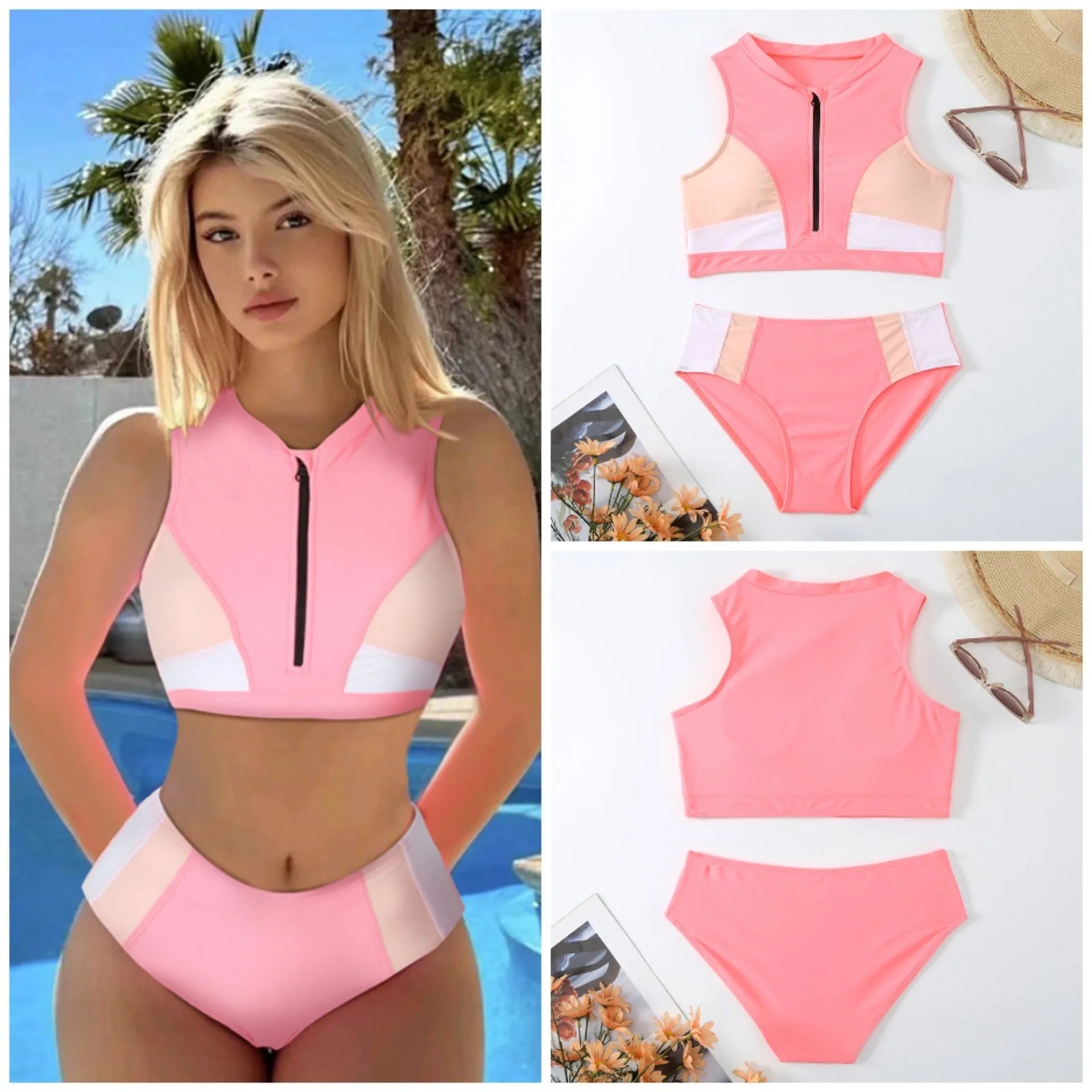 Pink high-waist split bikini swimsuit with matching bra and briefs on solid background