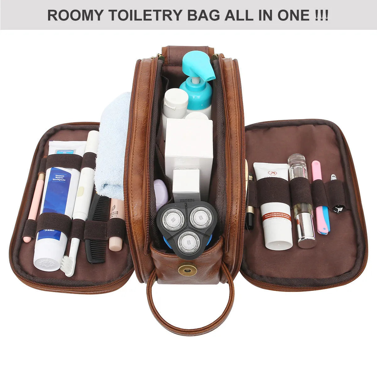 Men's solid colour black PU toiletry bag for travel storage of cosmetics and shaving kits.