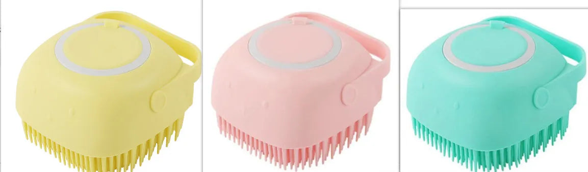 Silicone dog bath massage brush in blue, pink, and yellow colour options