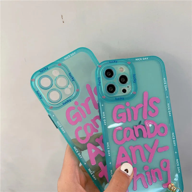 Mint green personalised graffiti lanyard phone case for Apple iPhone with printed design and attached strap.