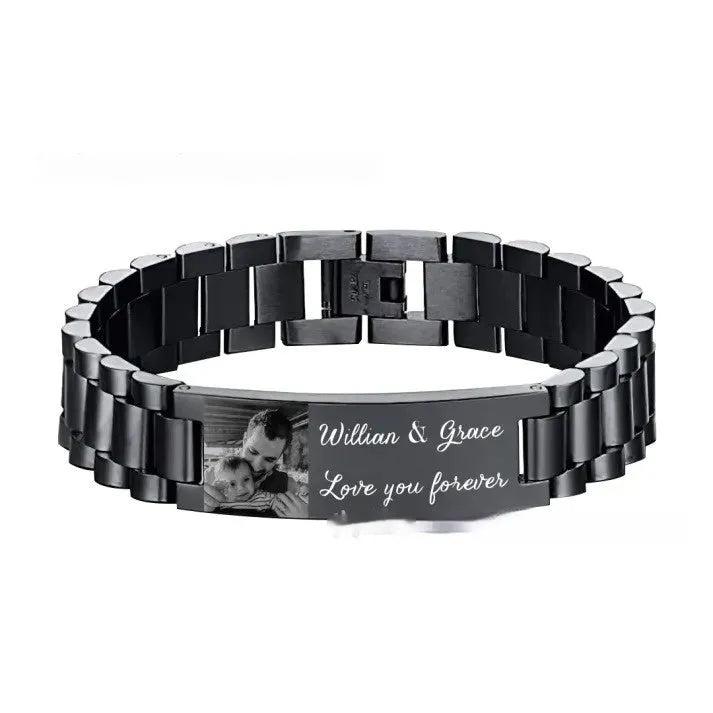 Titanium steel men's bracelet with curved heart shape and electroplated black lettering in gift box