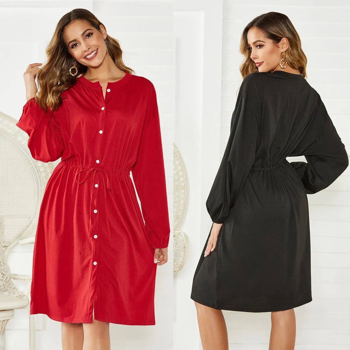 Women's black A-line midi dress with elastic waist, long sleeves, and cinched belt detail