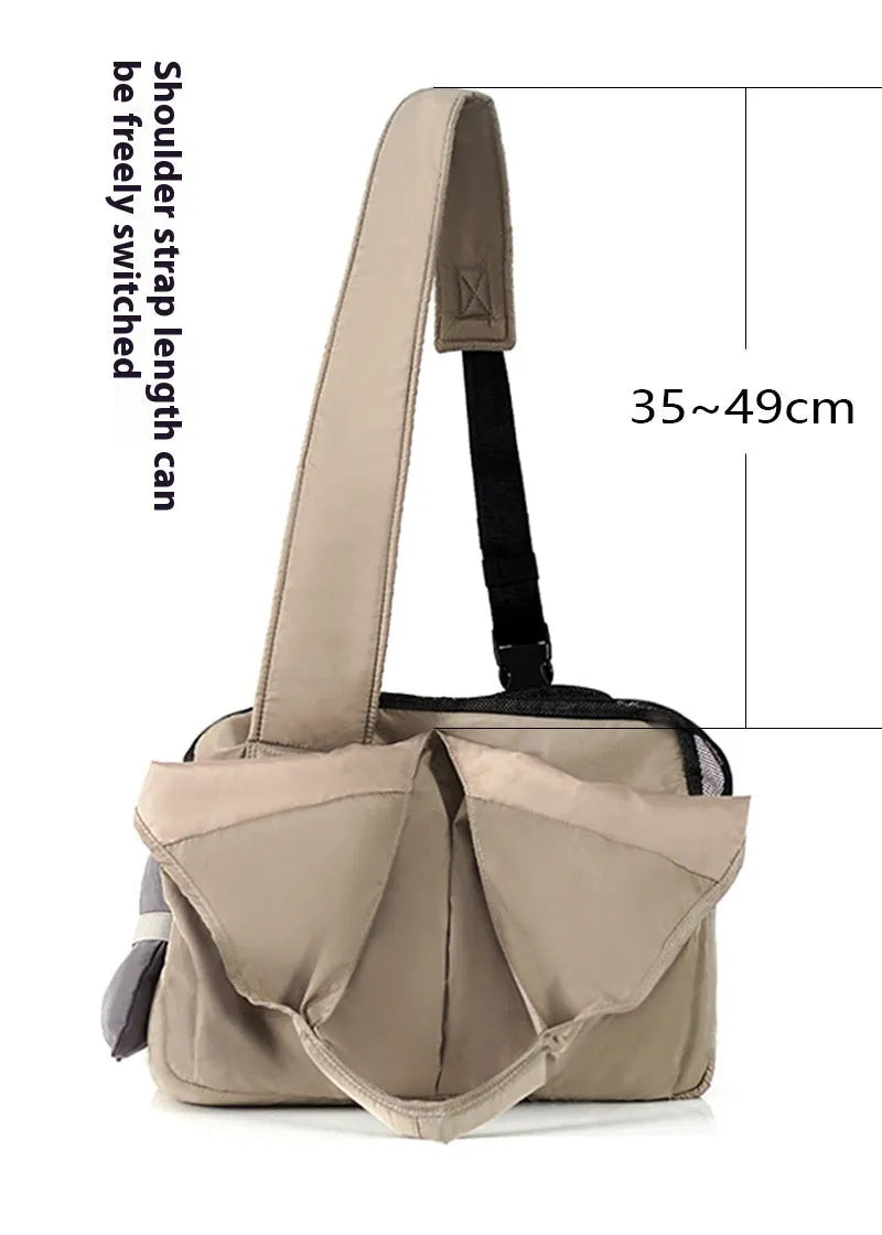 Apricot-coloured cloth pet handbag for small dogs measuring 41x16x28 cm
