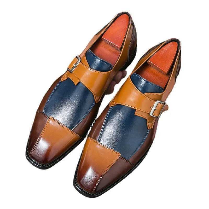 Men's brown blue retro leather shoes with buckle detail and tall crown height