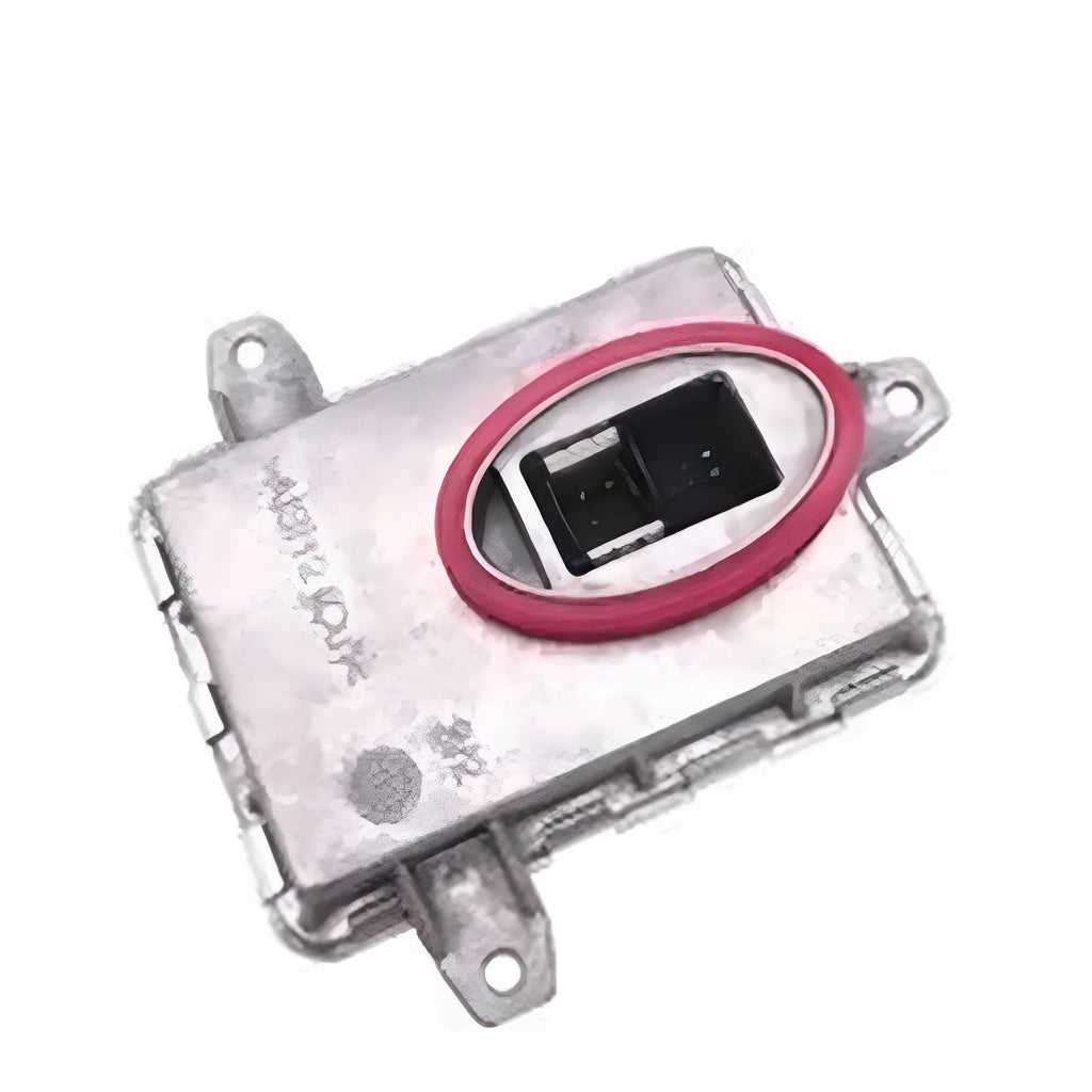 Silver metal HID headlight ballast unit showing dimensions 14cm by 11cm by 4.5cm.