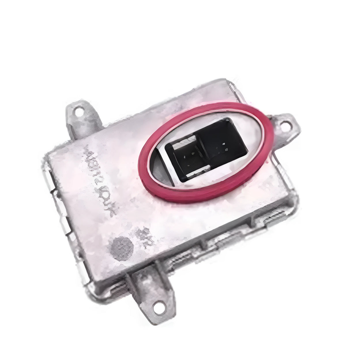 Silver metal HID headlight ballast unit showing dimensions 14cm by 11cm by 4.5cm.