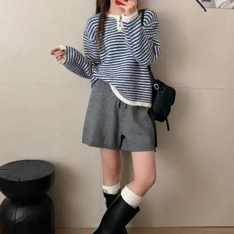Red and blue striped cashmere pullover sweater for women with loose retro fit