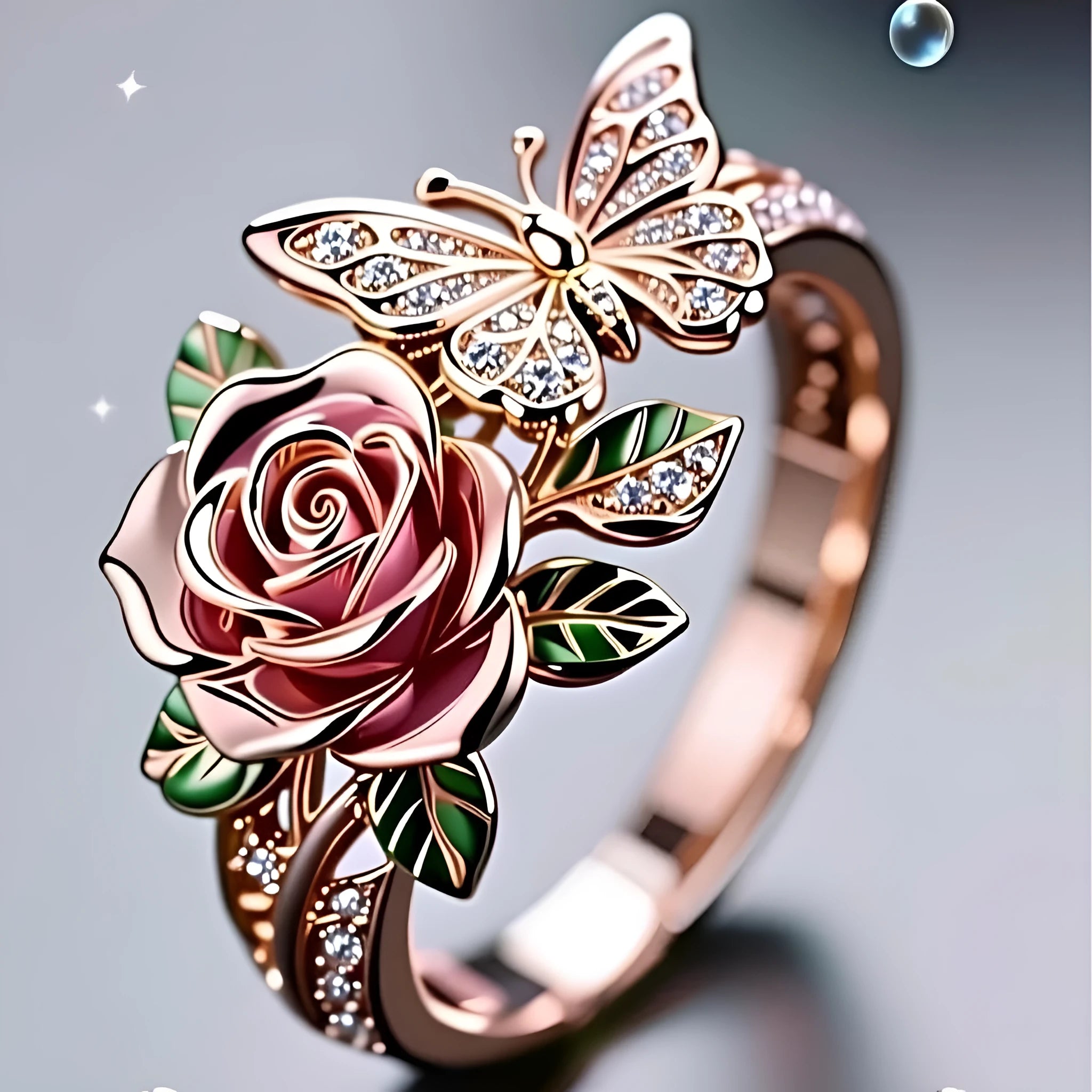 Colourful butterfly personality ring with oil drip finish and floral insect modelling on adjustable band