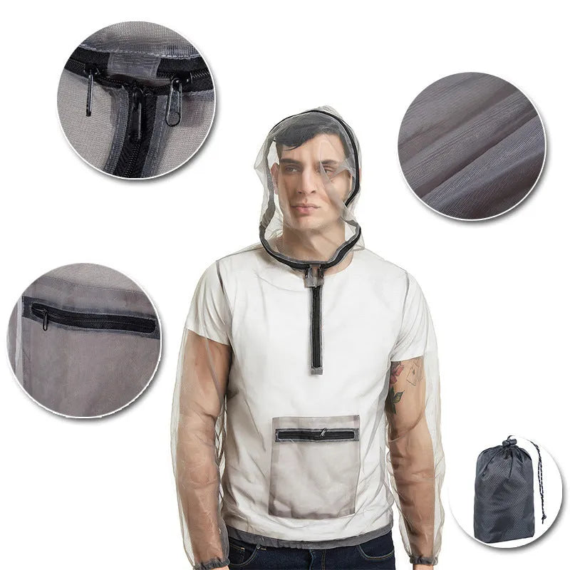 Smoky grey mesh insect-proof jacket for outdoor sports like hiking and camping.
